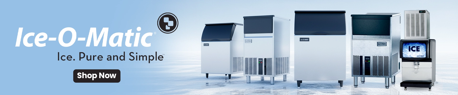 Ice-O-Matic brand banner featuring commercial ice makers, Commercial Ice Maker Storage Bin and ice dispensers on a blue and white background.